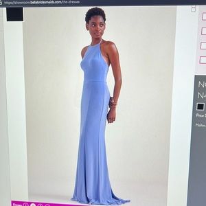 BLACK Nouvelle Amsale bridesmaid dress. Halter, fit to flare in fluid crepe.